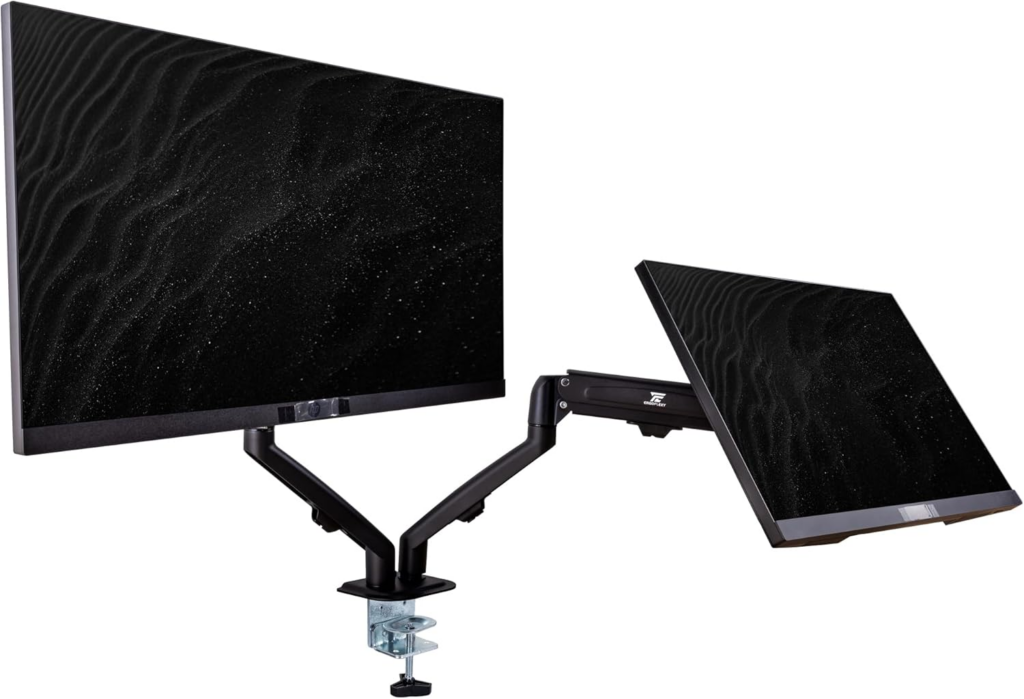 Dual-monitor ergonomic setup for SMB bookkeeping and reconciliation work